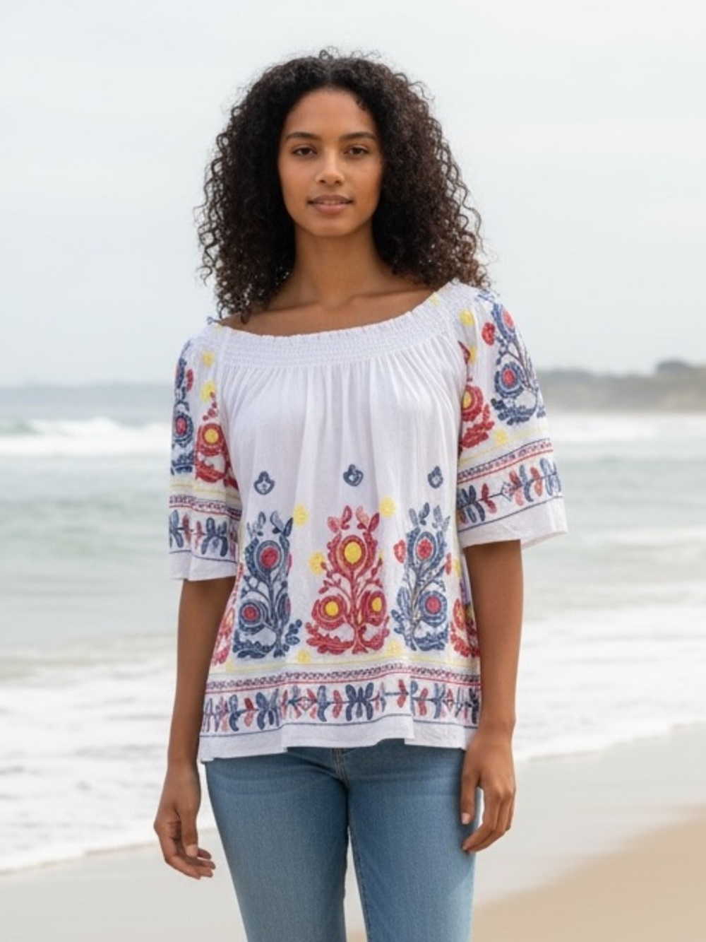 Multiples Embroidered Tunic Top Small White Multicolor Off On Shoulder